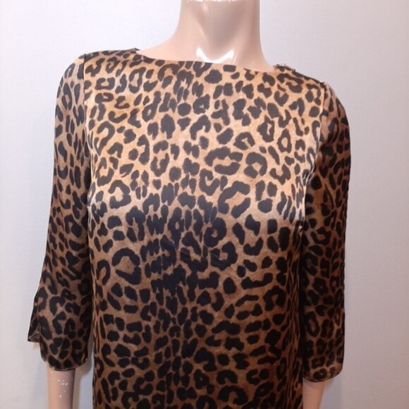 Jones New York Leopard Shift Dress Silky 3/4 Sleeve Zip Shoulder Womens Size 6 - Picture 3 of 12
